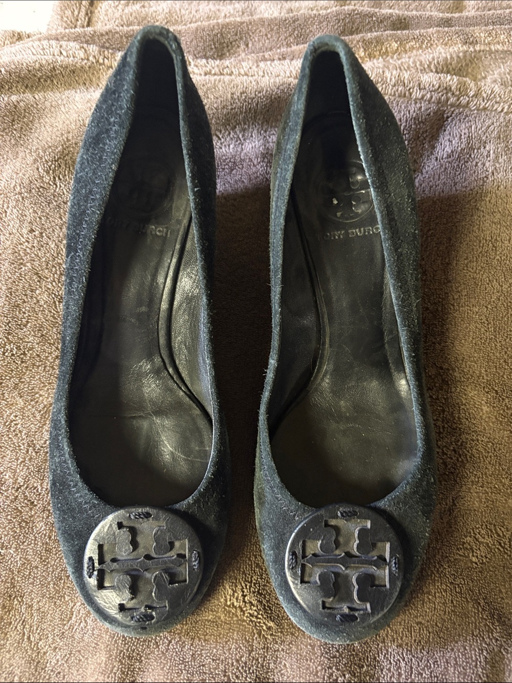 Tory Burch Black Suede Logo Round-Toe Flats